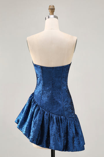 Dark Blue Corset Strapless Asymmetrical Homecoming Dress
